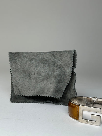Vintage Gucci Leather Bracelet Y2K Tan Silver