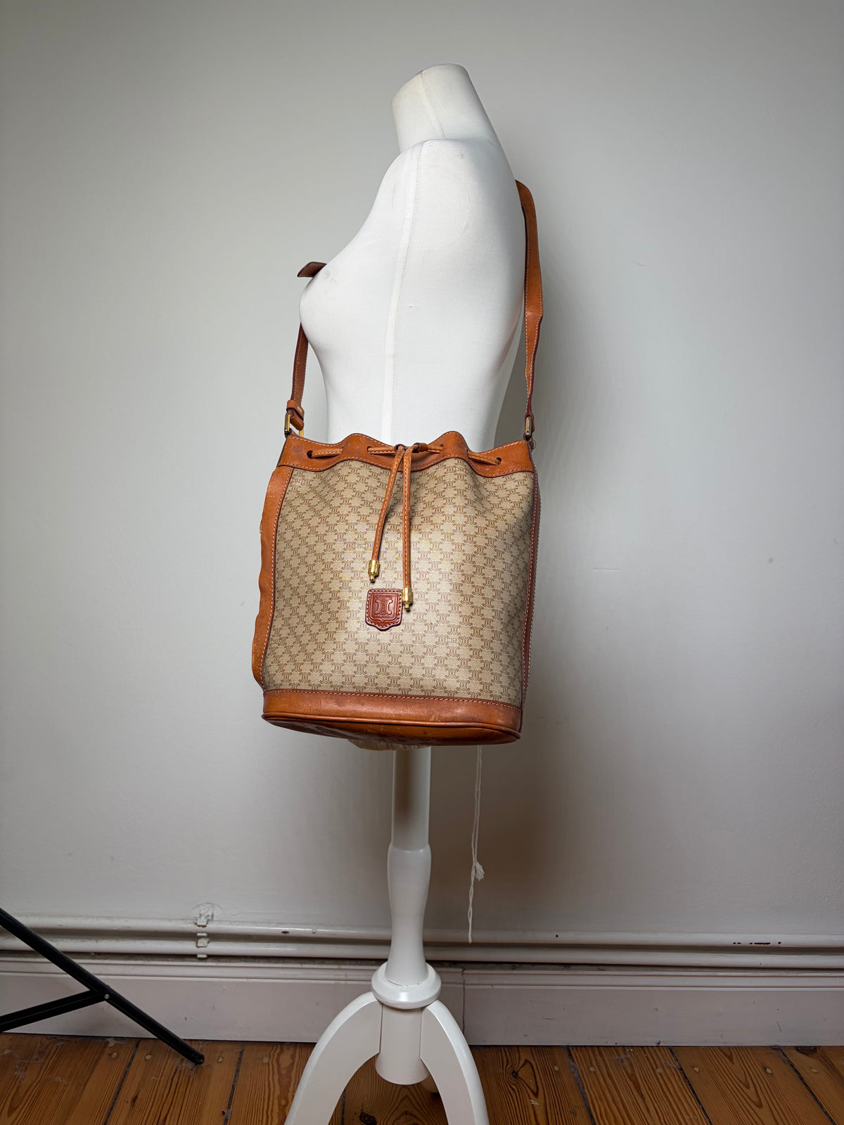 Vintage Celine Macadam Canvas Bucket Bag c. 1990 Beige Brown