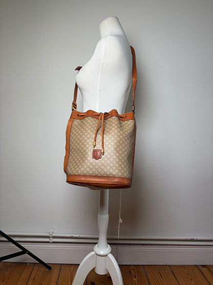 Vintage Celine Macadam Canvas Bucket Bag c. 1990 Beige Brown