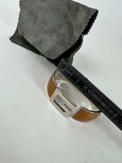 Vintage Gucci Leather Bracelet Y2K Tan Silver