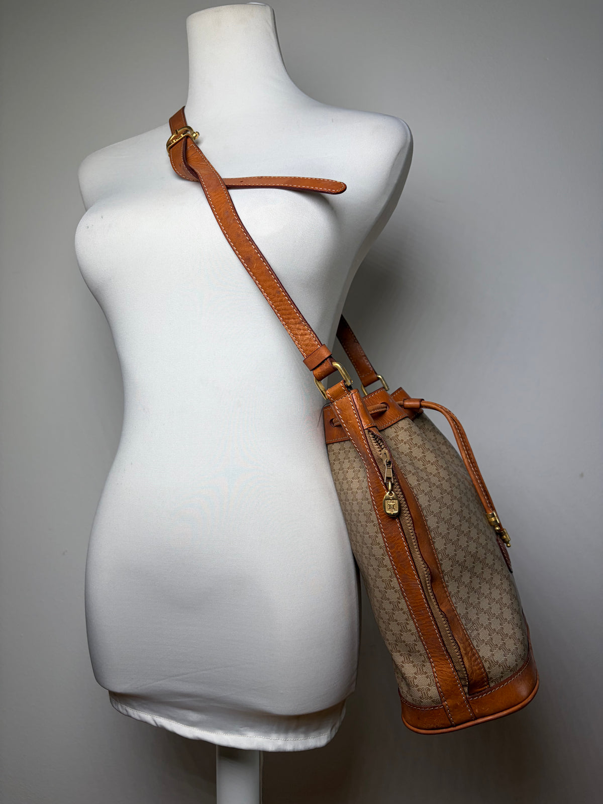 Vintage Celine Macadam Canvas Bucket Bag c. 1990 Beige Brown