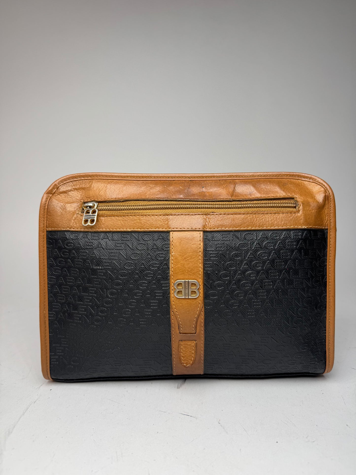 Vintage Balenciaga Monogram Leather Clutch Brown Black