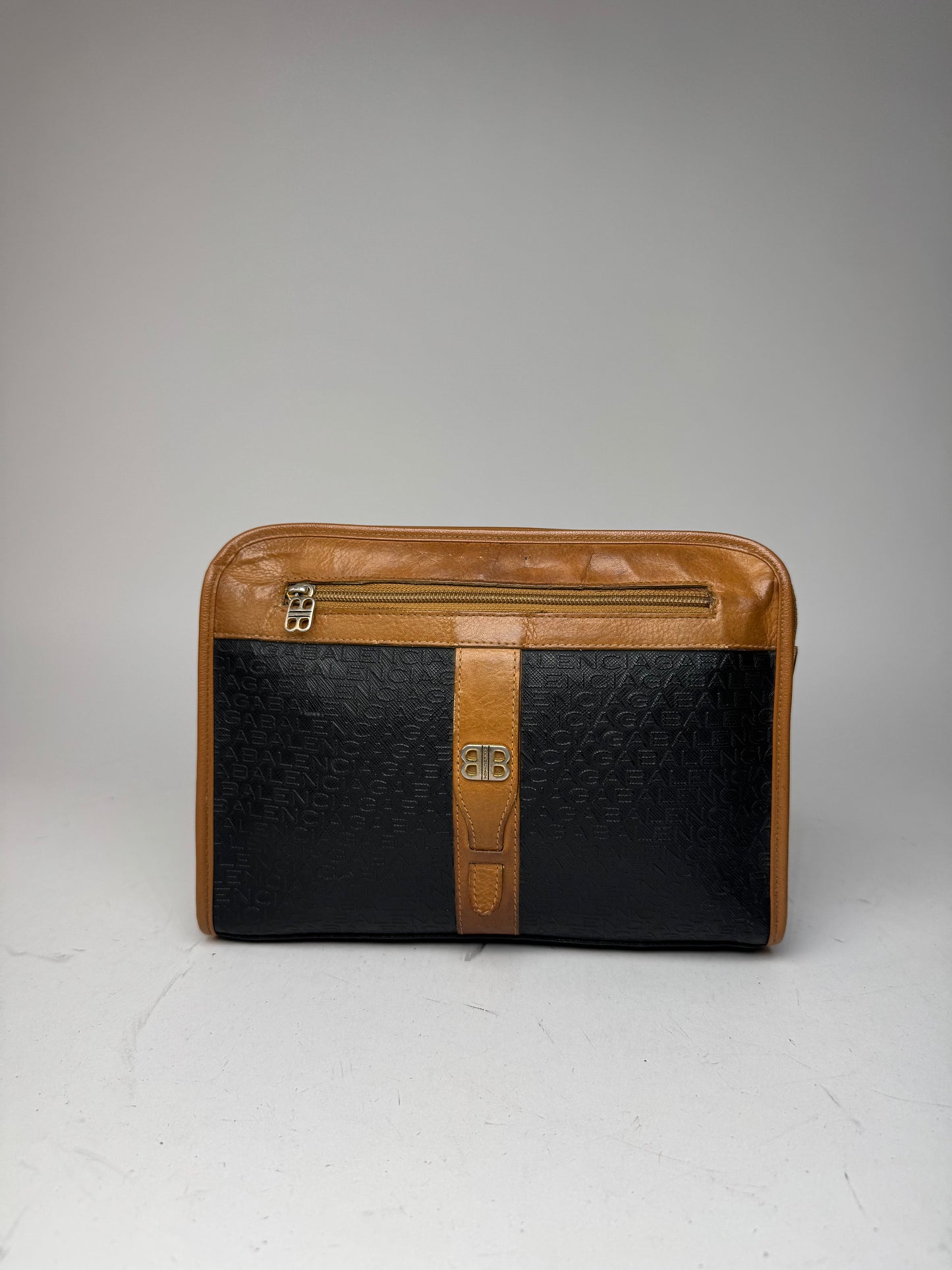 Vintage Balenciaga Monogram Leather Clutch Brown Black