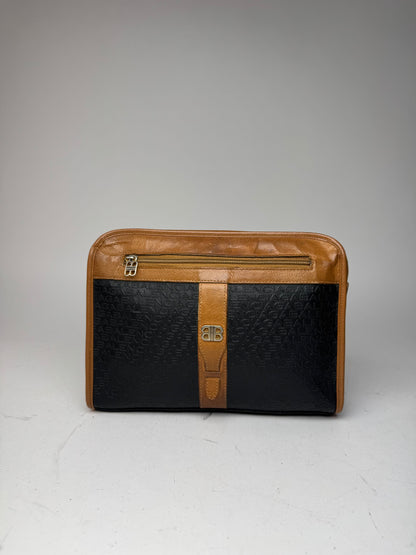 Vintage Balenciaga Monogram Leather Clutch Brown Black