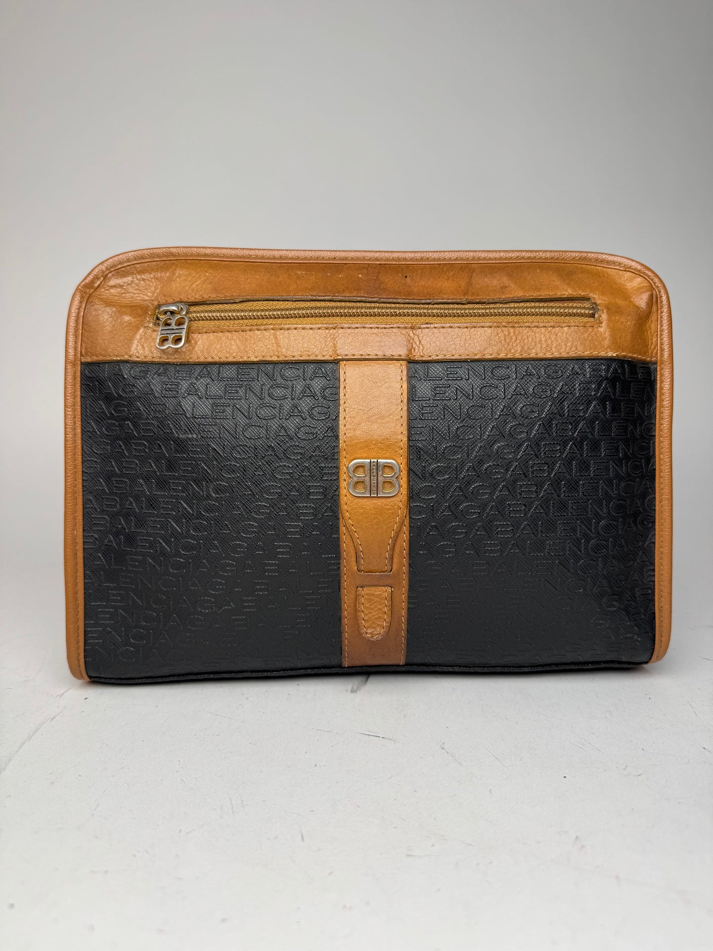 Vintage Balenciaga Monogram Leather Clutch Brown Black