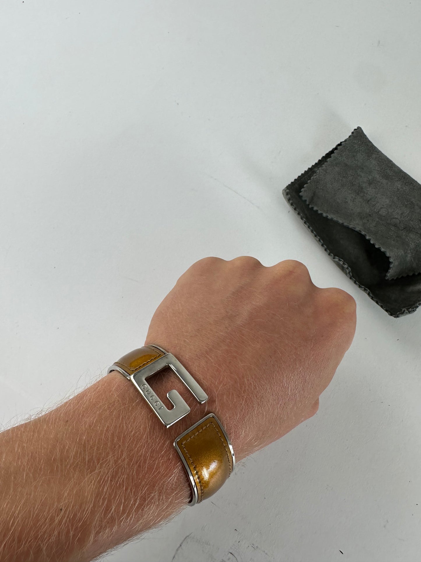Vintage Gucci Leather Bracelet Y2K Tan Silver