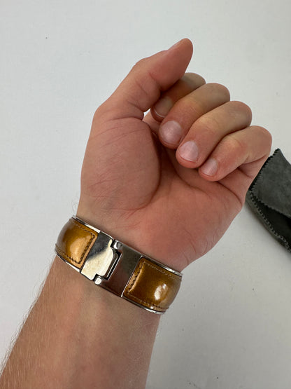 Vintage Gucci Leather Bracelet Y2K Tan Silver
