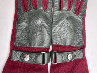 Vintage Vivienne Westwood Leather Wool Gloves Red Silver M