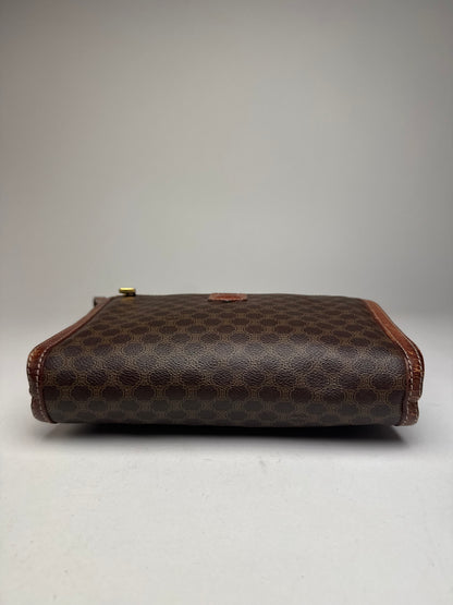 Vintage Celine Paris Triomphe Monogram Leather Clutch Brown