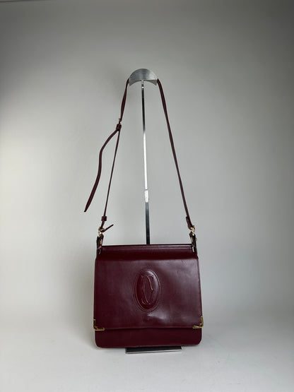 Vintage Cartier Smooth Leather Shoulder Bag Burgundy Gold