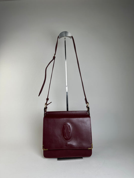 Vintage Cartier Smooth Leather Shoulder Bag Burgundy Gold