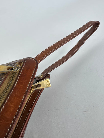 Vintage Celine Paris Triomphe Monogram Leather Clutch Brown