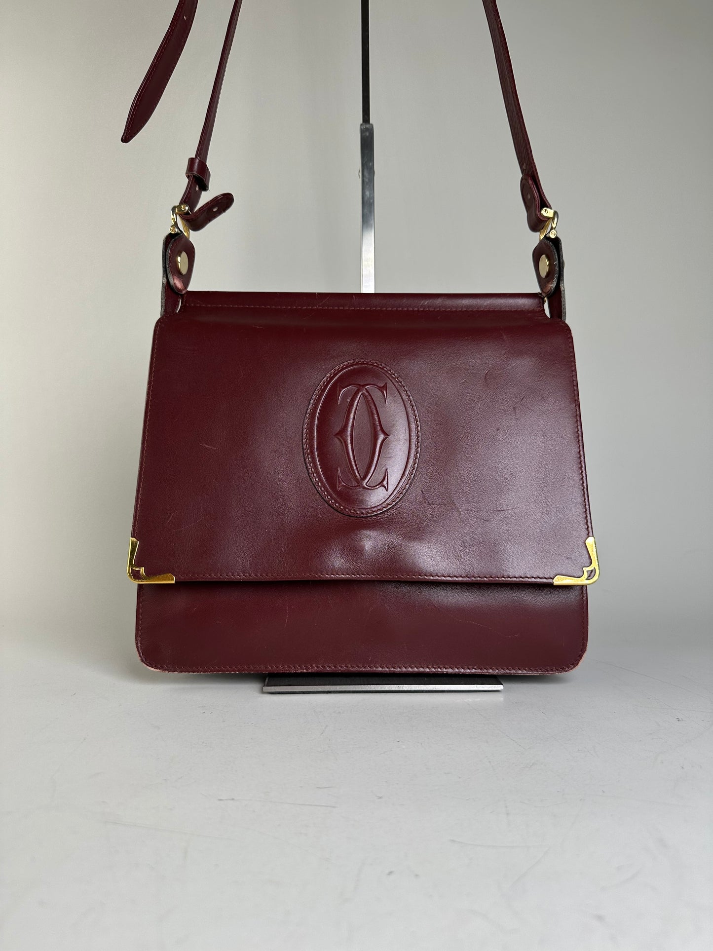 Vintage Cartier Smooth Leather Shoulder Bag Burgundy Gold