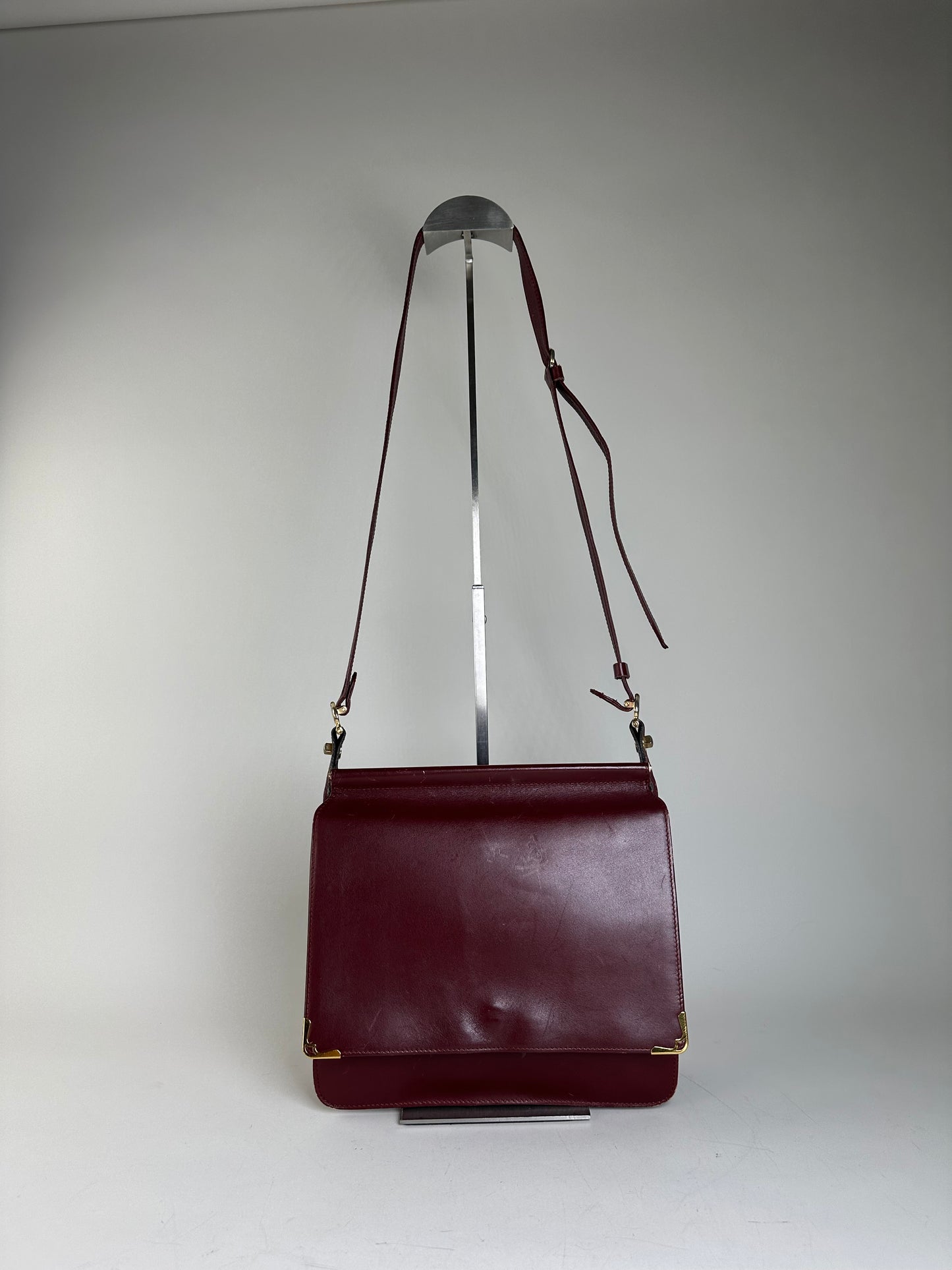 Vintage Cartier Smooth Leather Shoulder Bag Burgundy Gold