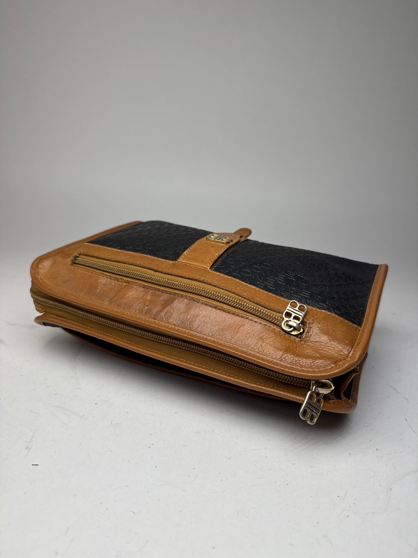 Vintage Balenciaga Monogram Leather Clutch Brown Black