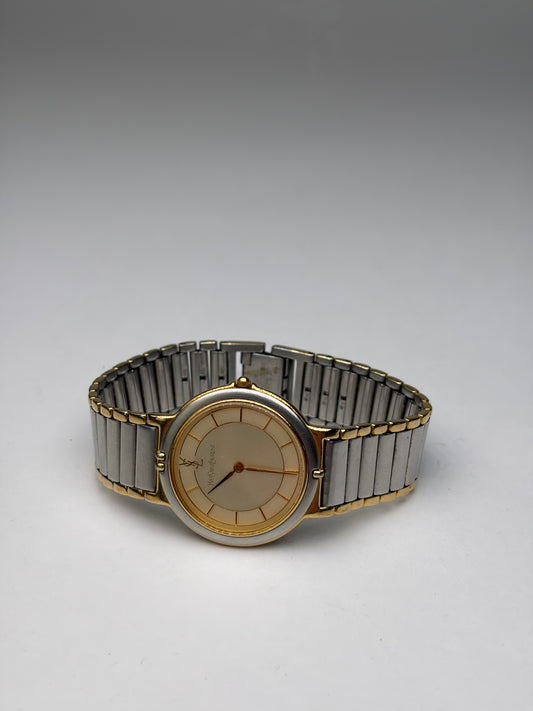Vintage Yves Saint Laurent Bracelet Watch Gold Silver Dial
