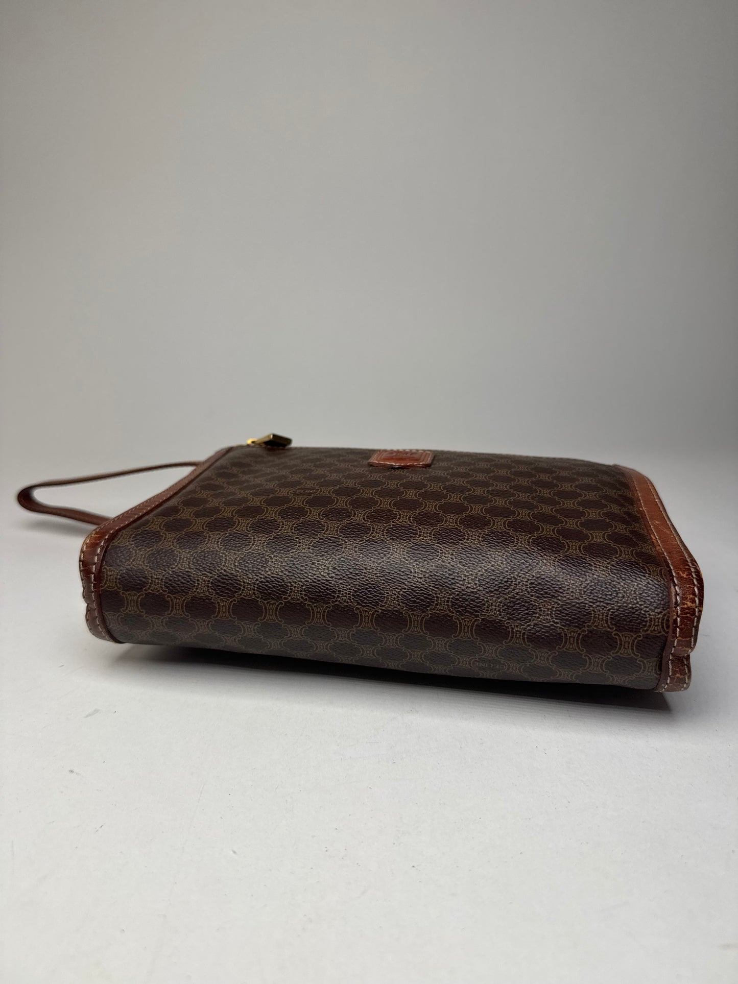 Vintage Celine Paris Triomphe Monogram Leather Clutch Brown