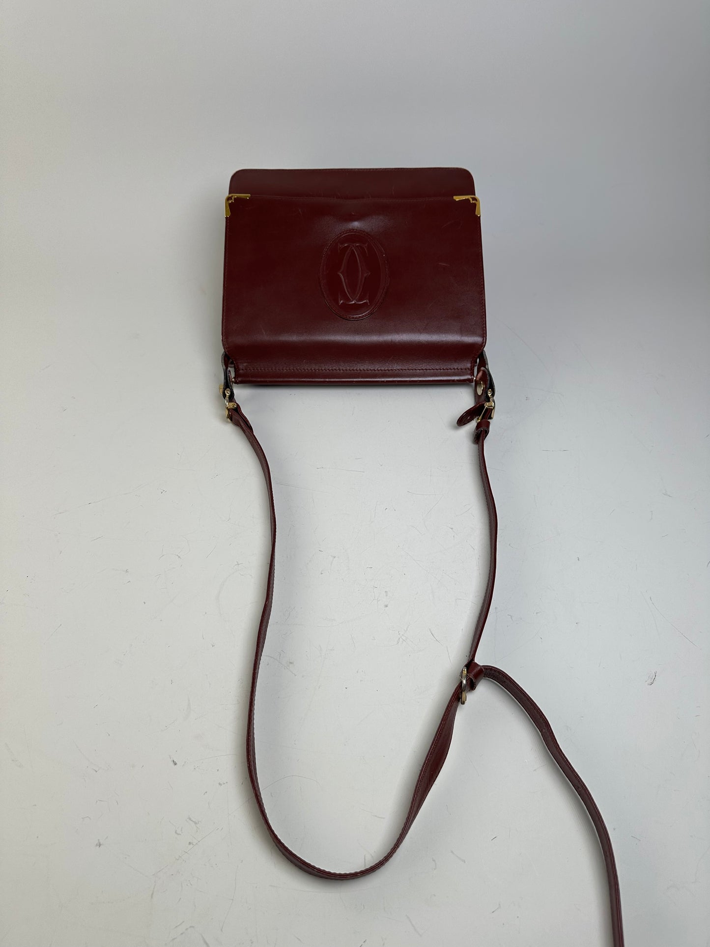 Vintage Cartier Smooth Leather Shoulder Bag Burgundy Gold