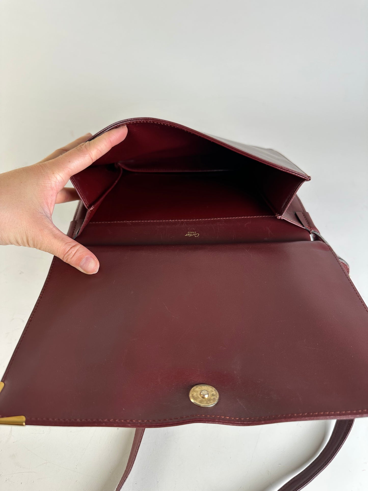 Vintage Cartier Smooth Leather Shoulder Bag Burgundy Gold