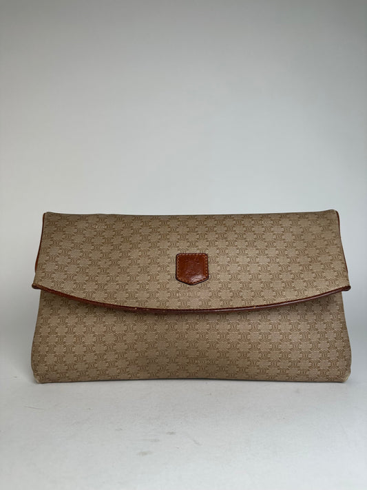 Vintage Celine Paris Leather Monogram Clutch Beige Brown