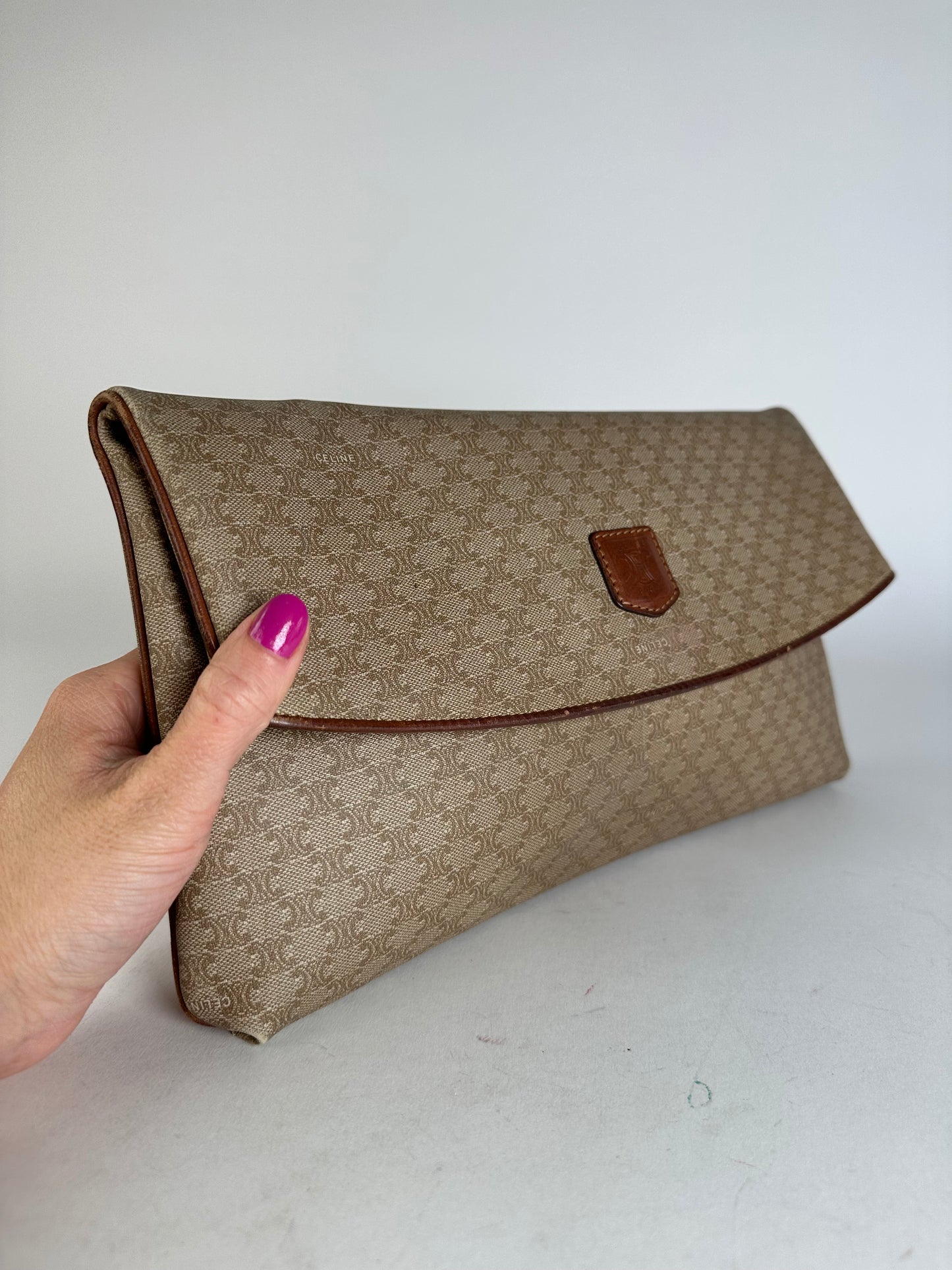 Vintage Celine Paris Leather Monogram Clutch Beige Brown