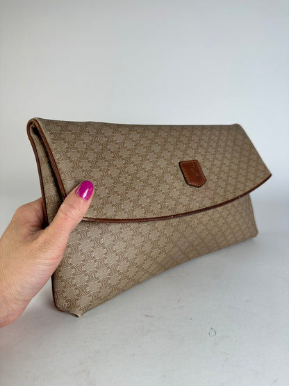 Vintage Celine Paris Leather Monogram Clutch Beige Brown
