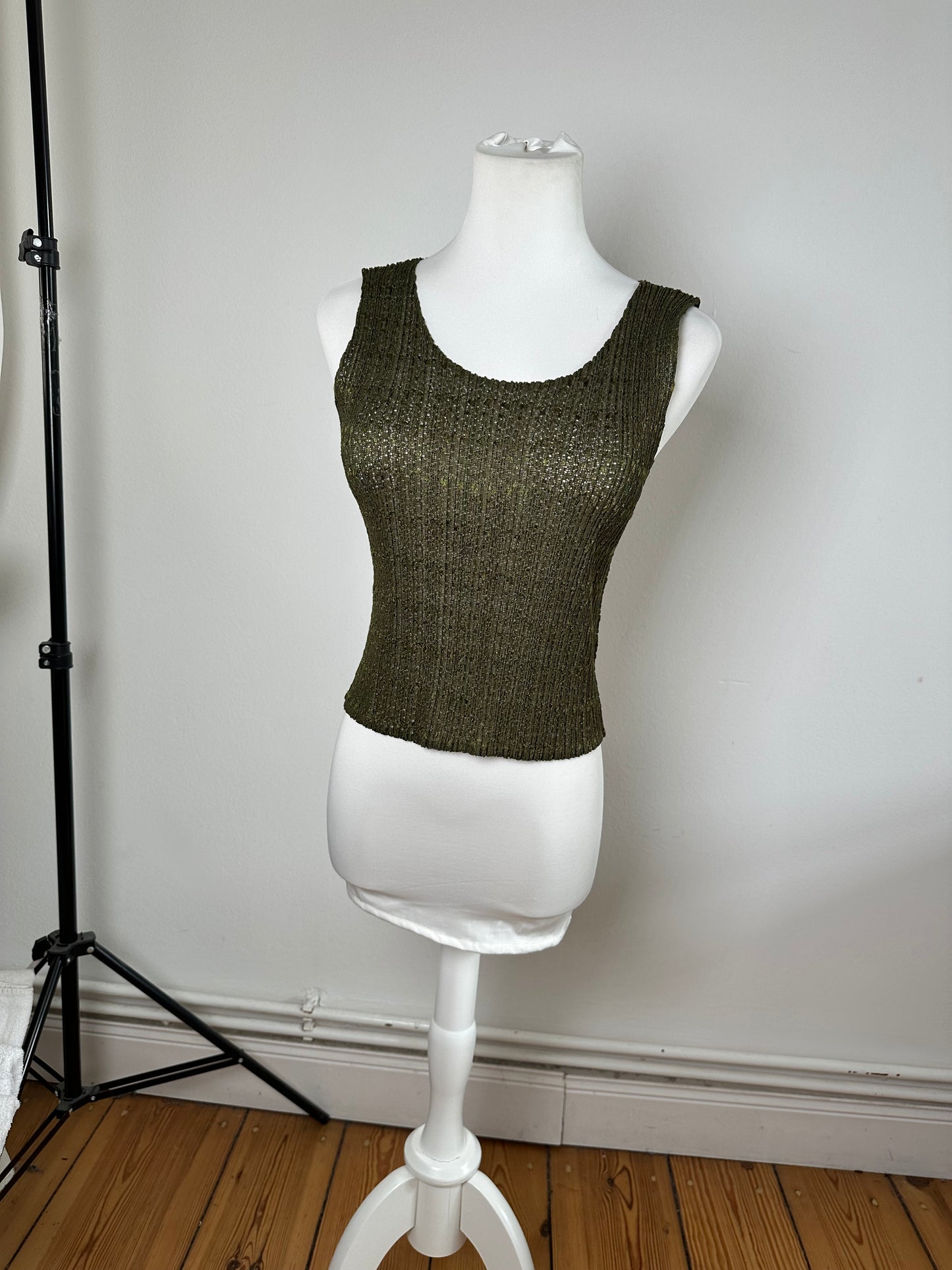 Vintage Pleats Metallic Accent Top Y2K Olive Gold
