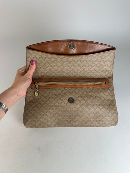 Vintage Celine Paris Leather Monogram Clutch Beige Brown