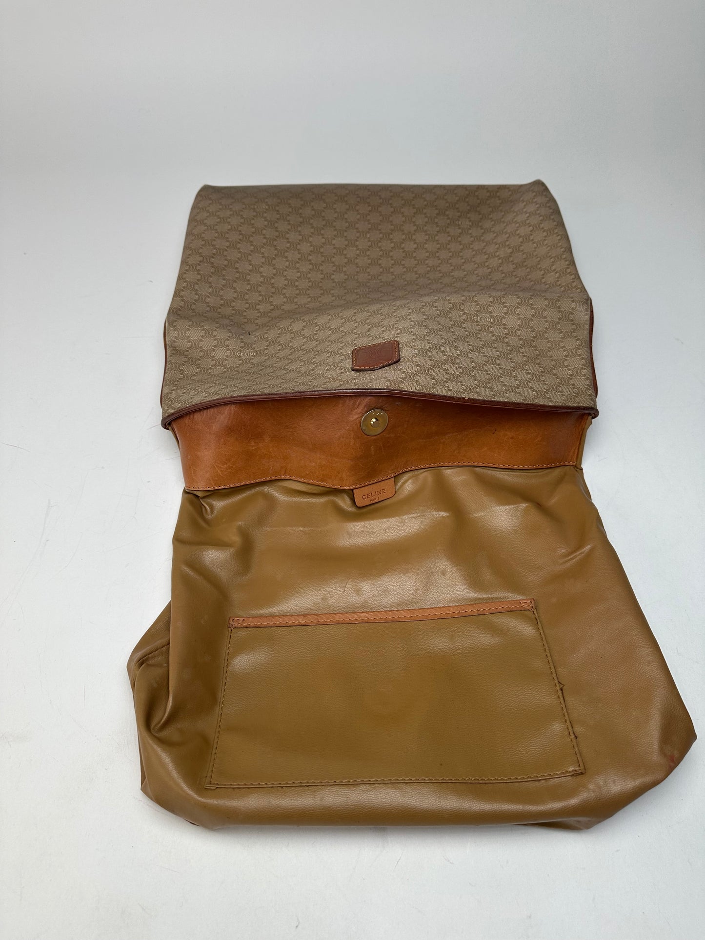 Vintage Celine Paris Leather Monogram Clutch Beige Brown