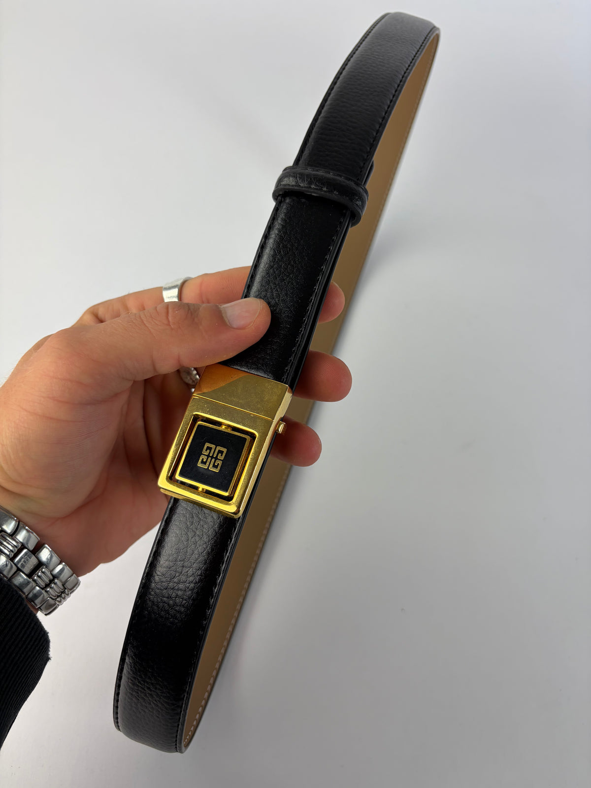 Vintage Givenchy Logo Leather Belt Black Gold