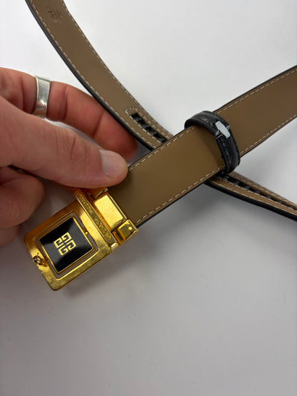 Vintage Givenchy Logo Leather Belt Black Gold