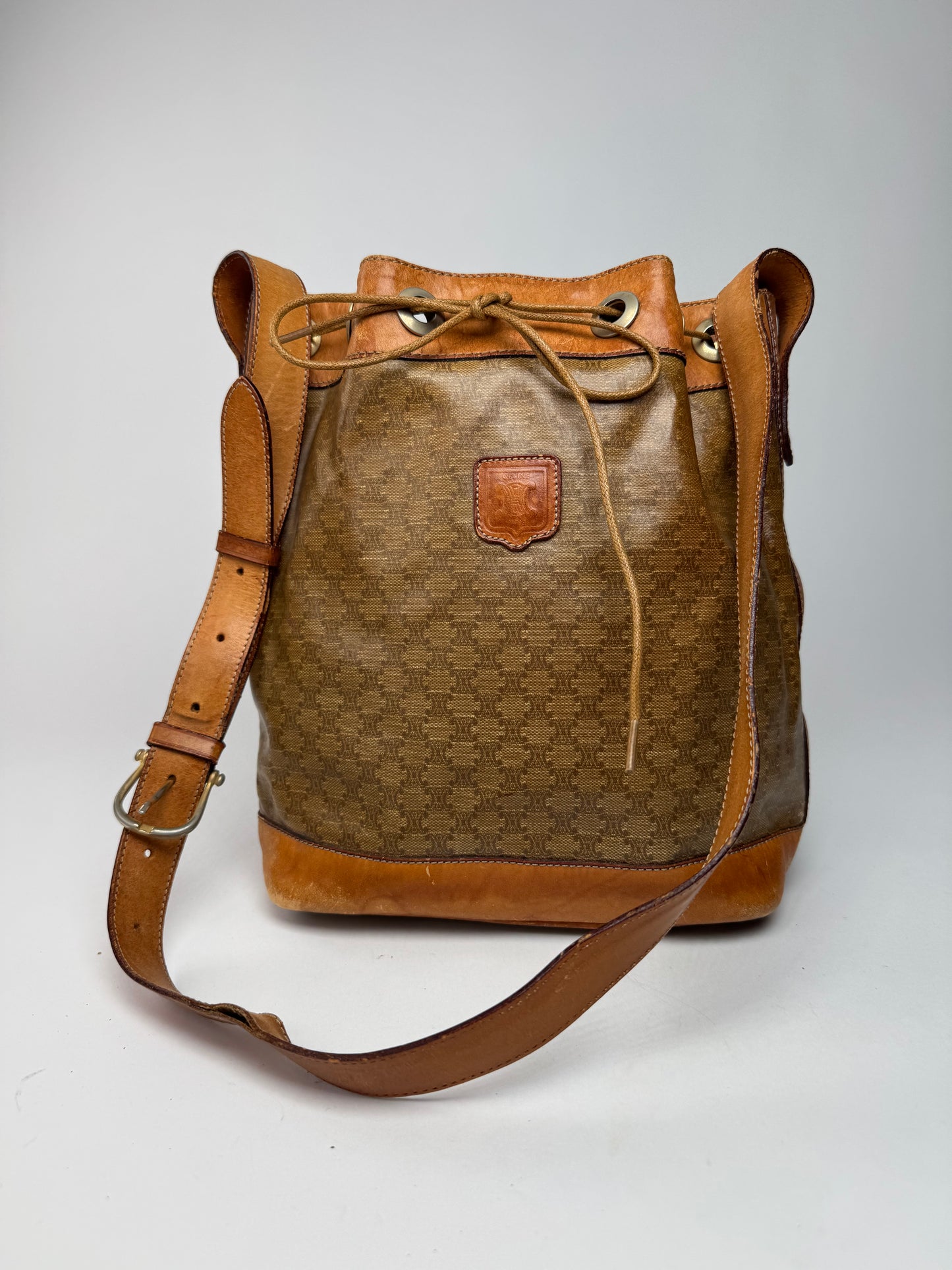 Vintage Celine Monogram SAC Seau Patent Leather Bucket Bag Brown
