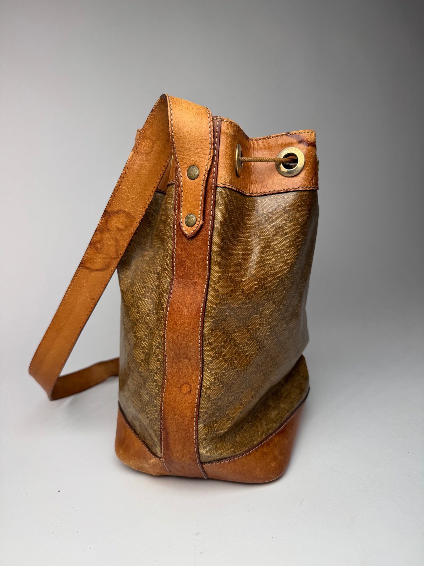 Vintage Celine Monogram SAC Seau Patent Leather Bucket Bag Brown