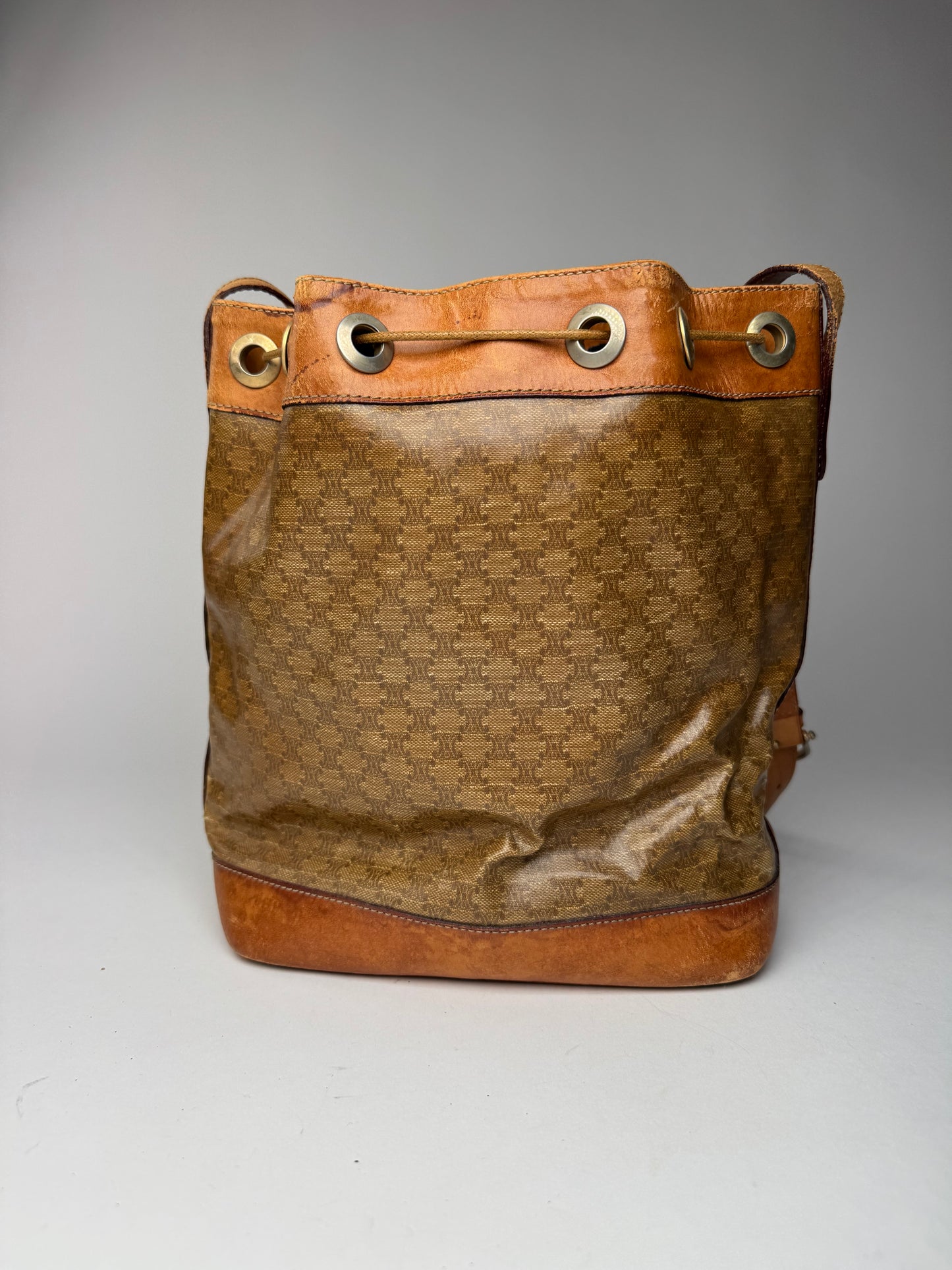 Vintage Celine Monogram SAC Seau Patent Leather Bucket Bag Brown
