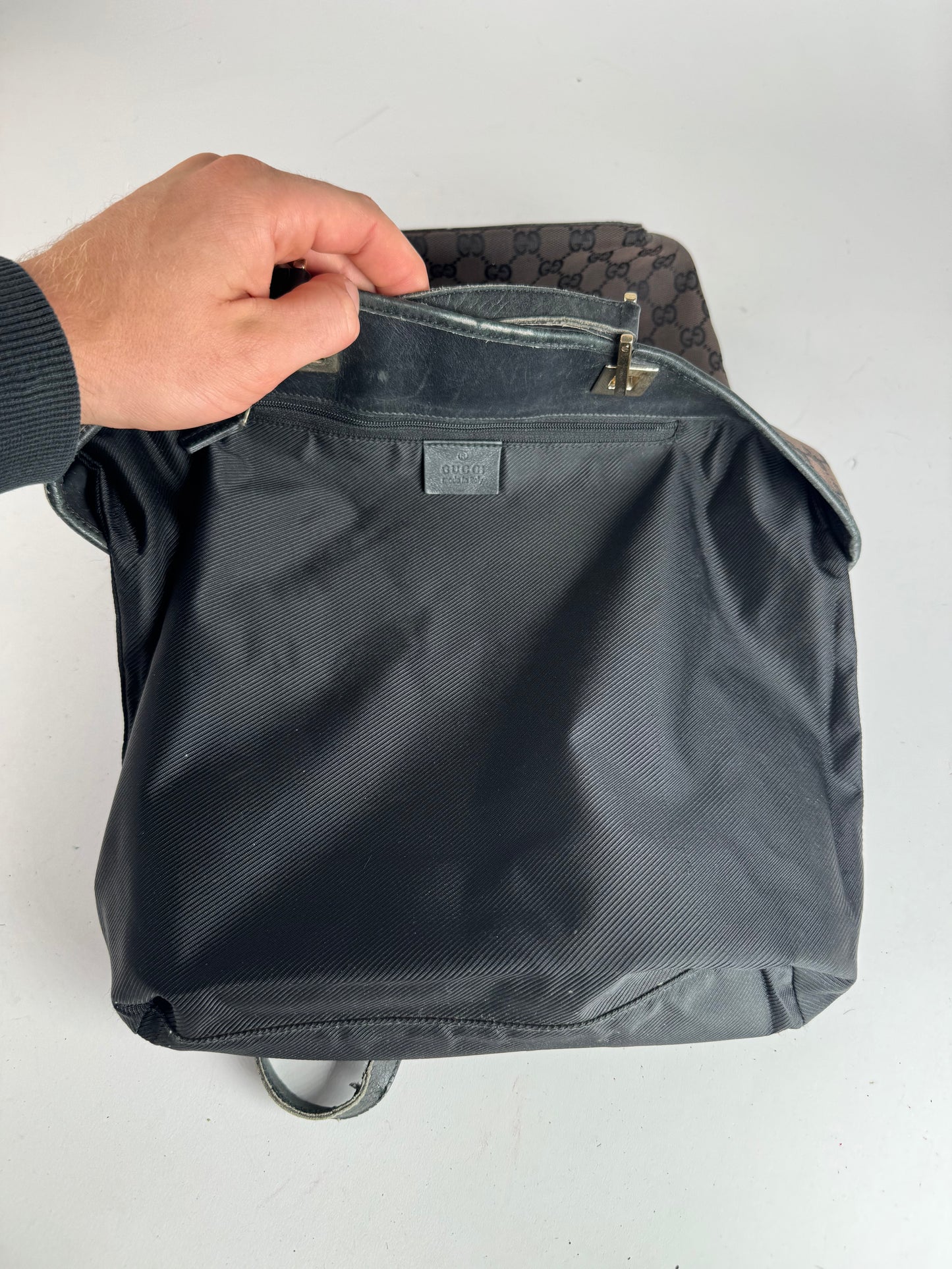 Vintage Gucci Monogram Leather Canvas Tote Bag black brown