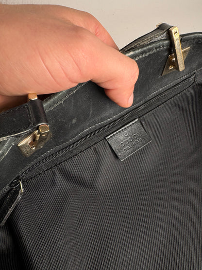 Vintage Gucci Monogram Leather Canvas Tote Bag black brown