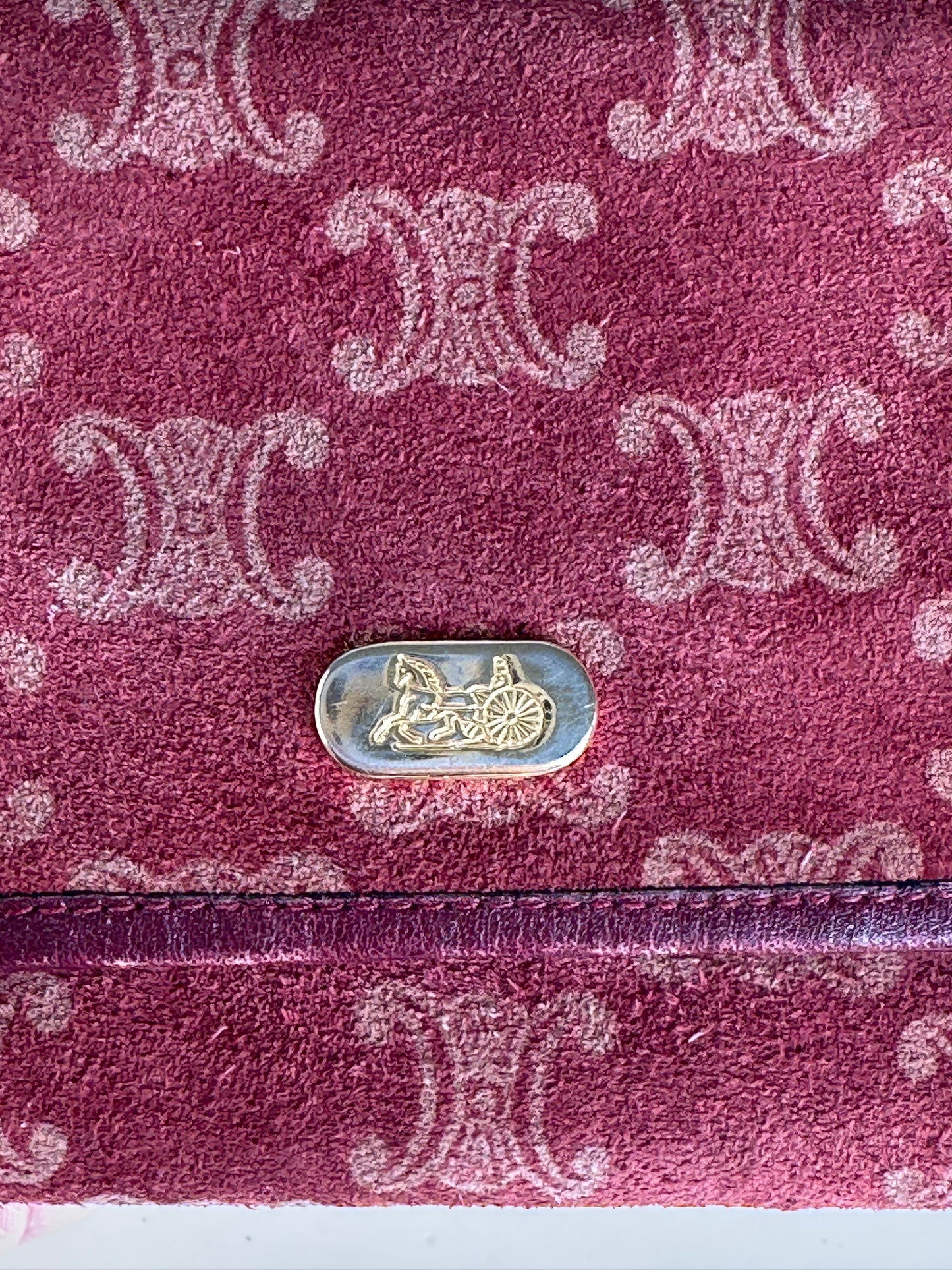Vintage Celine Paris Triomphe Monogram Suede Leather Purse Purple Burgundy