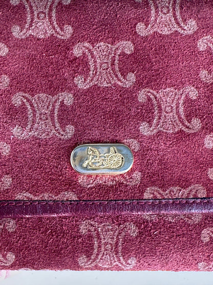Vintage Celine Paris Triomphe Monogram Suede Leather Purse Purple Burgundy