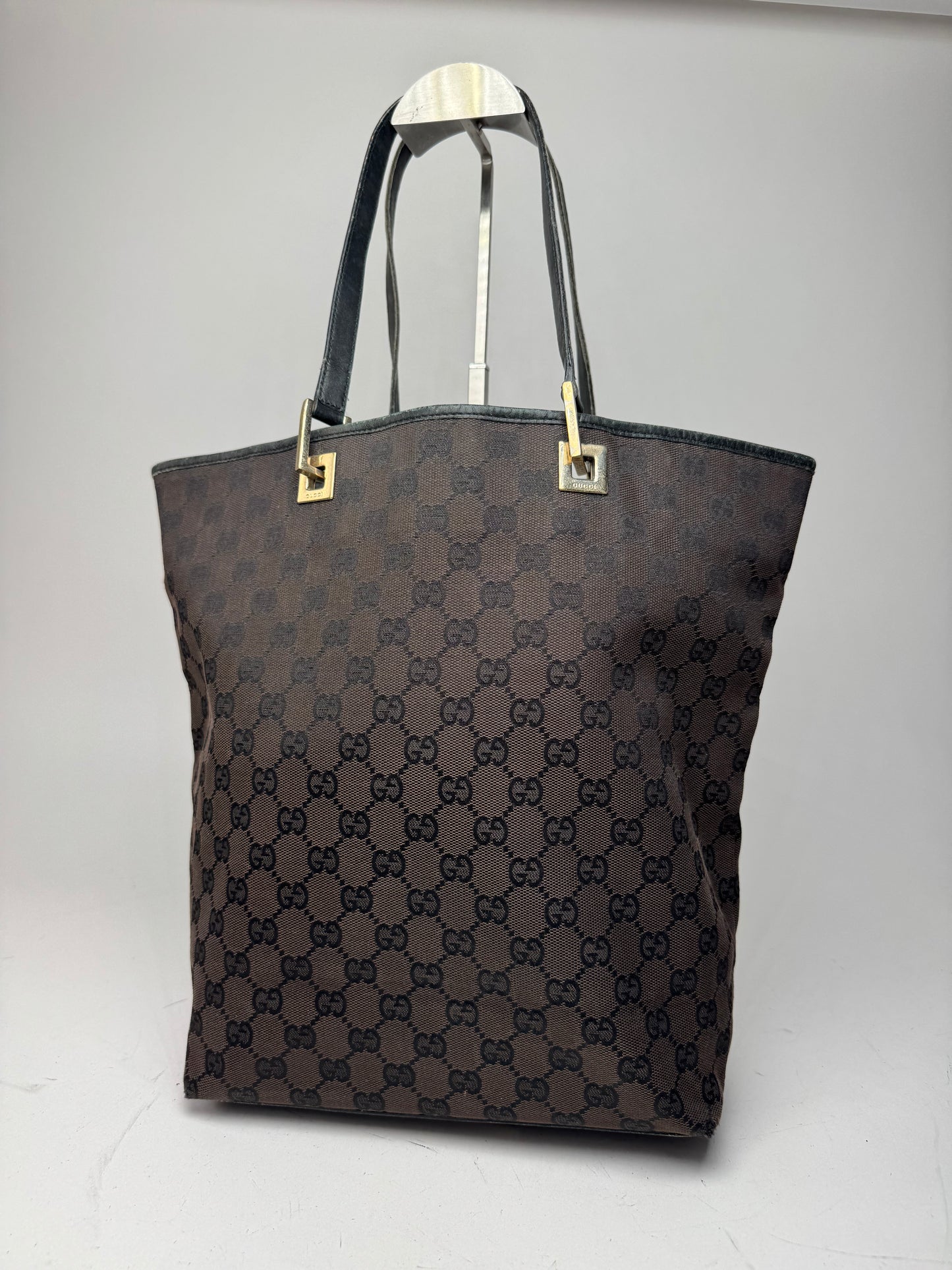 Vintage Gucci Monogram Leather Canvas Tote Bag black brown