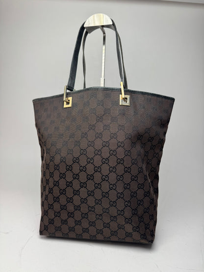 Vintage Gucci Monogram Leather Canvas Tote Bag black brown