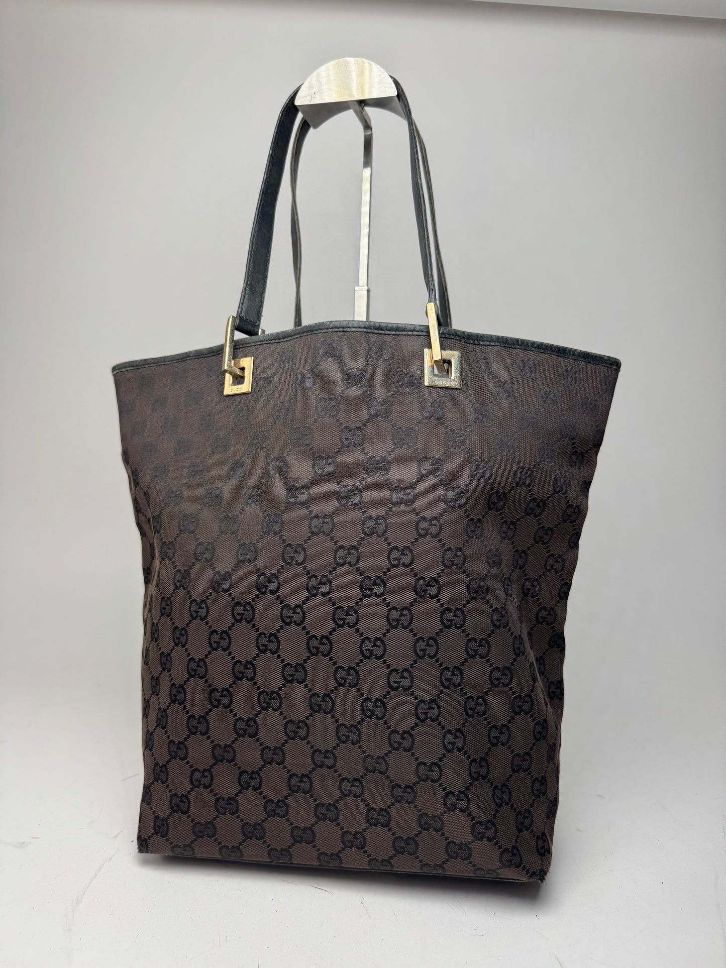 Vintage Gucci Monogram Leather Canvas Tote Bag black brown