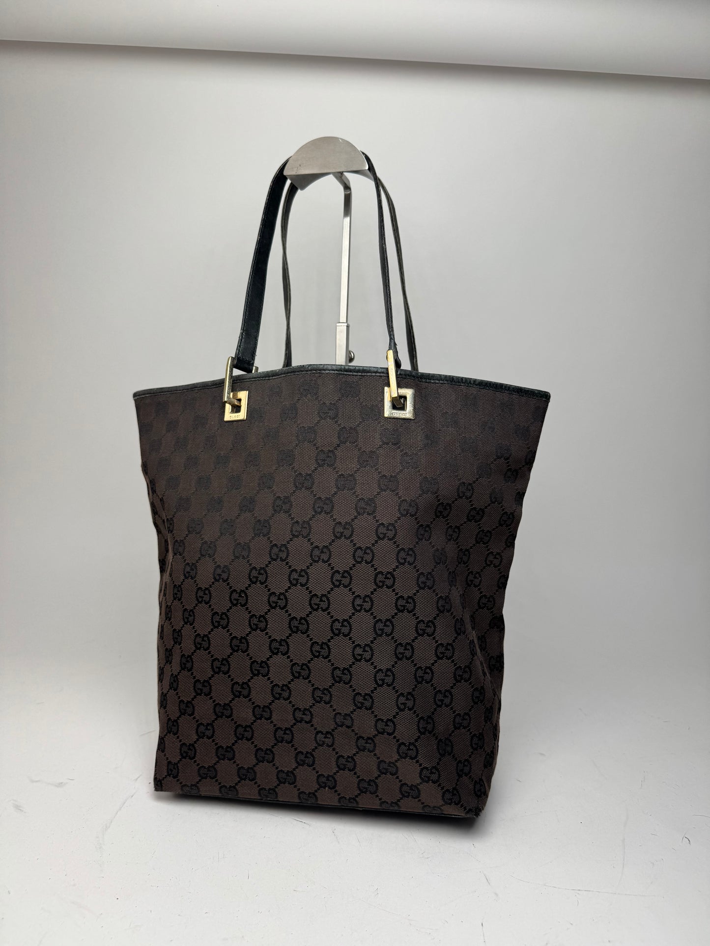 Vintage Gucci Monogram Leather Canvas Tote Bag black brown