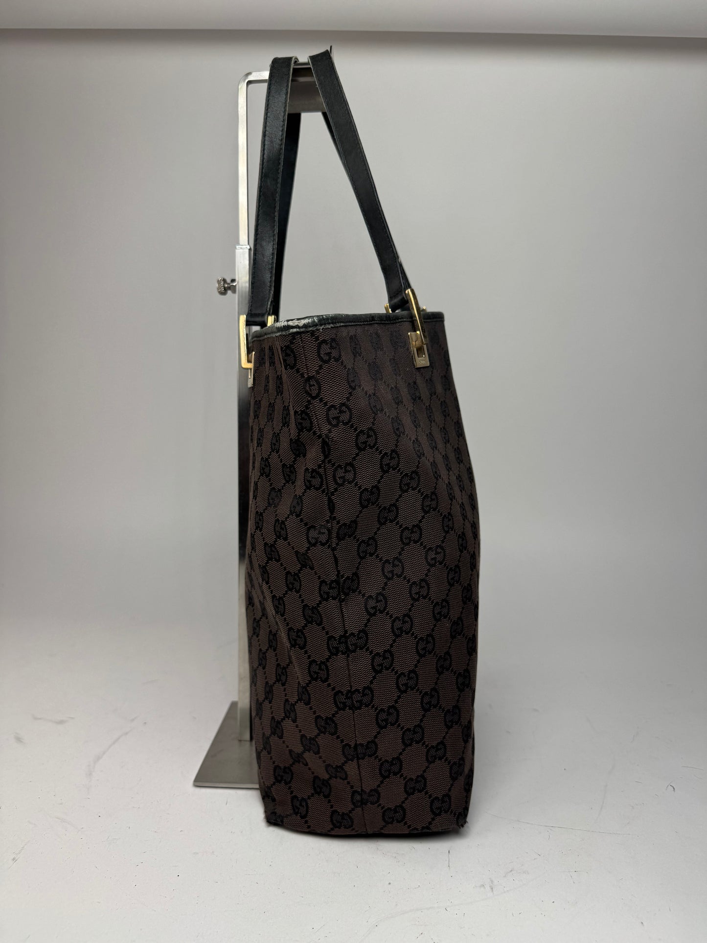 Vintage Gucci Monogram Leather Canvas Tote Bag black brown