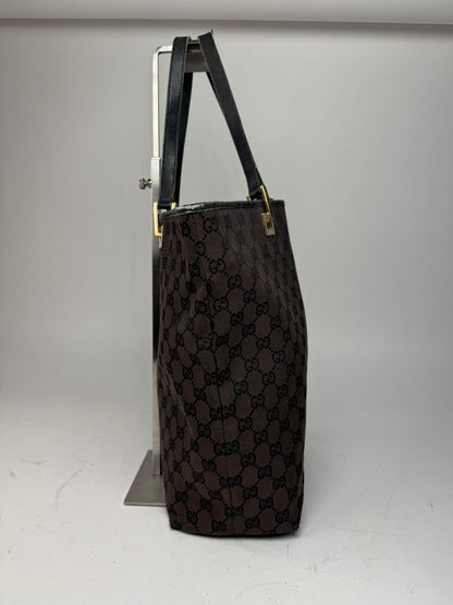 Vintage Gucci Monogram Leather Canvas Tote Bag black brown