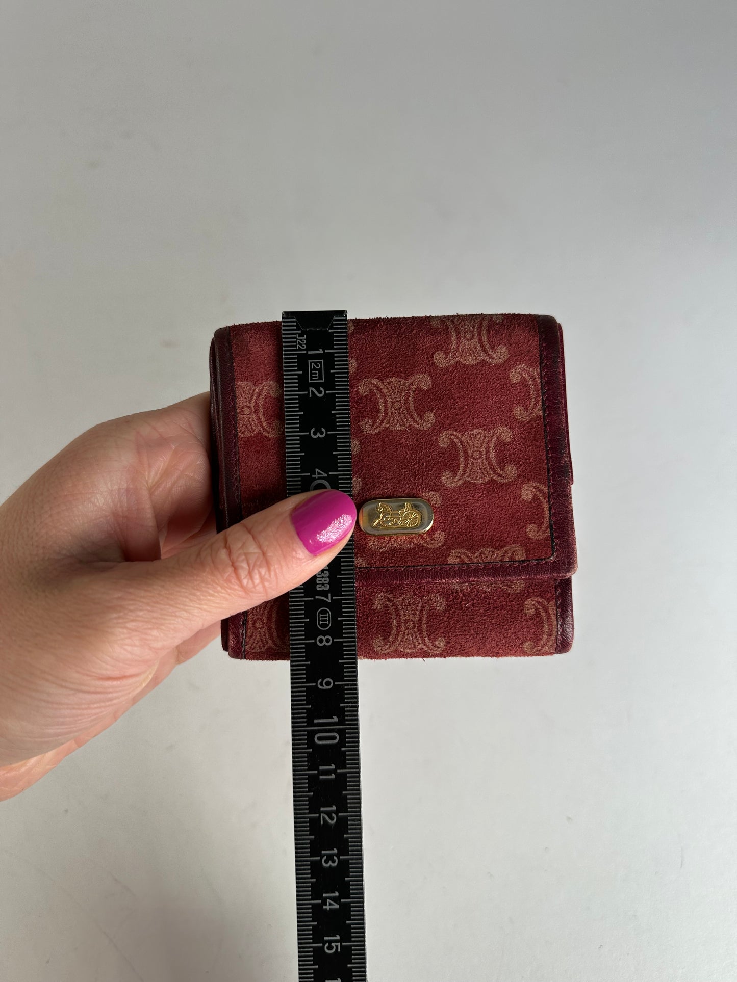 Vintage Celine Paris Triomphe Monogram Suede Leather Purse Purple Burgundy