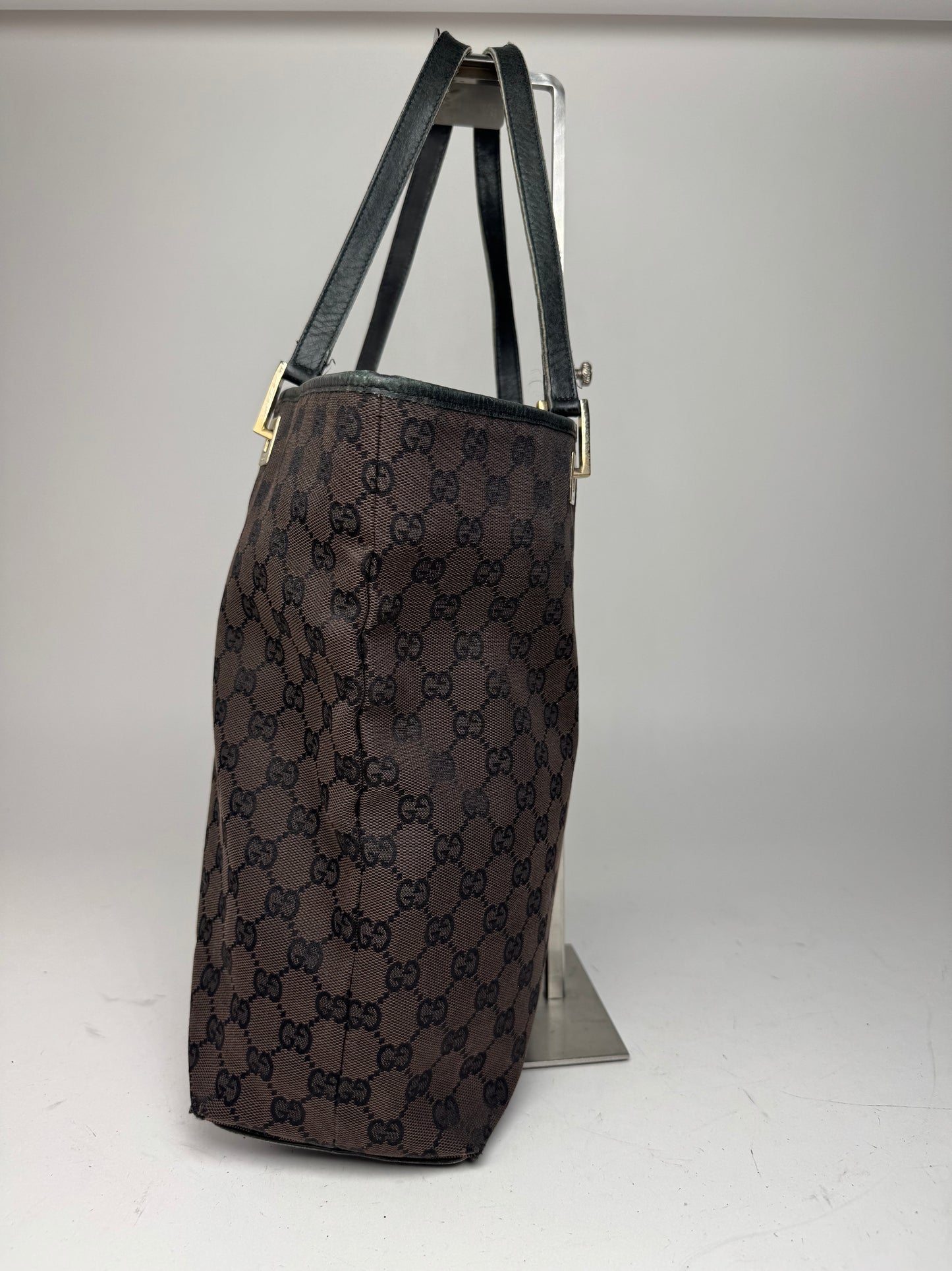 Vintage Gucci Monogram Leather Canvas Tote Bag black brown