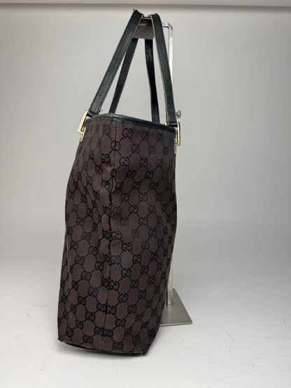 Vintage Gucci Monogram Leather Canvas Tote Bag black brown