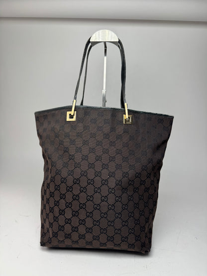 Vintage Gucci Monogram Leather Canvas Tote Bag black brown