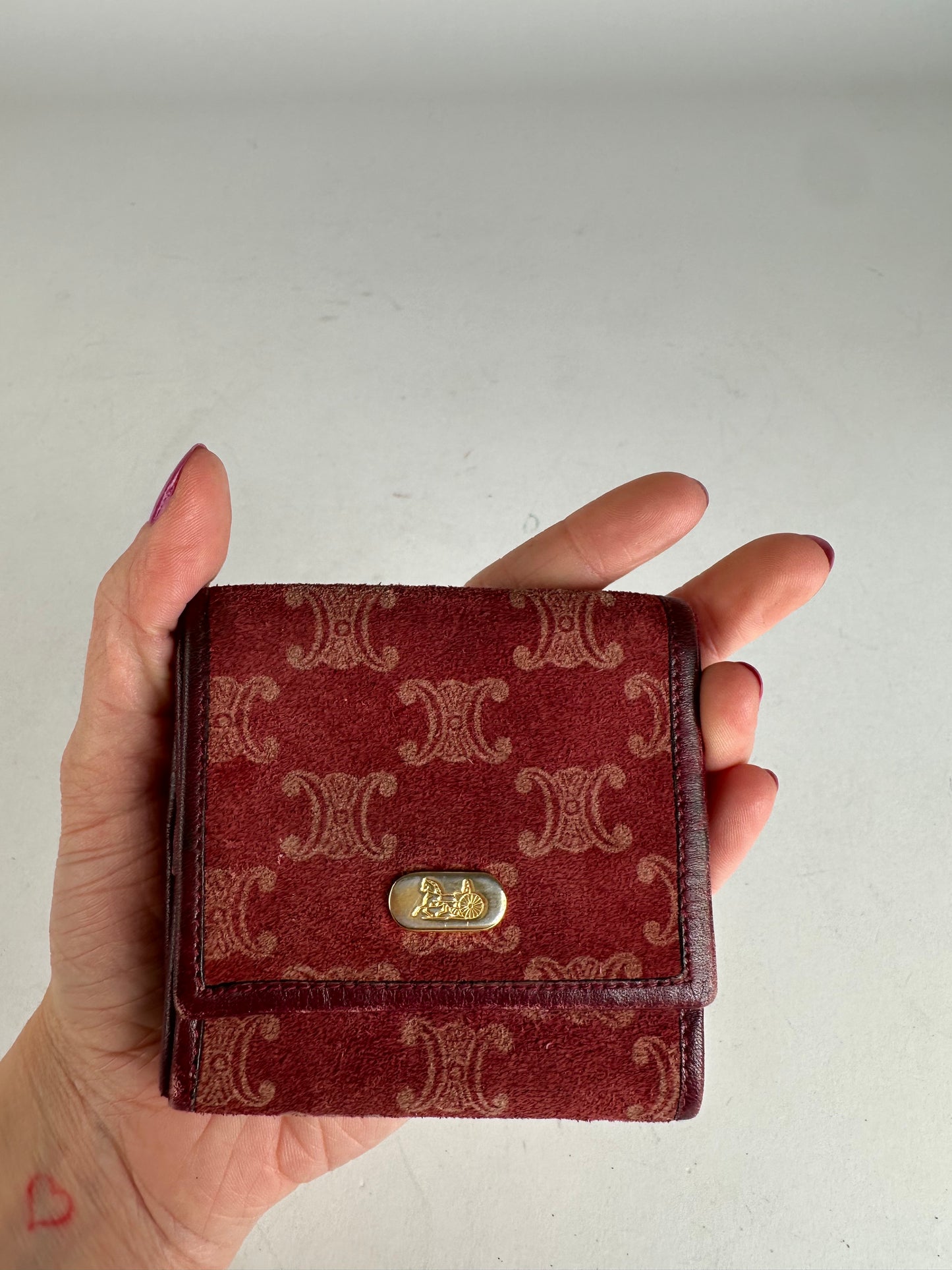 Vintage Celine Paris Triomphe Monogram Suede Leather Purse Purple Burgundy