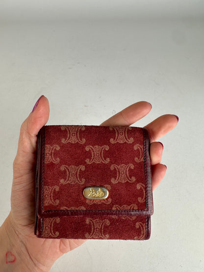 Vintage Celine Paris Triomphe Monogram Suede Leather Purse Purple Burgundy